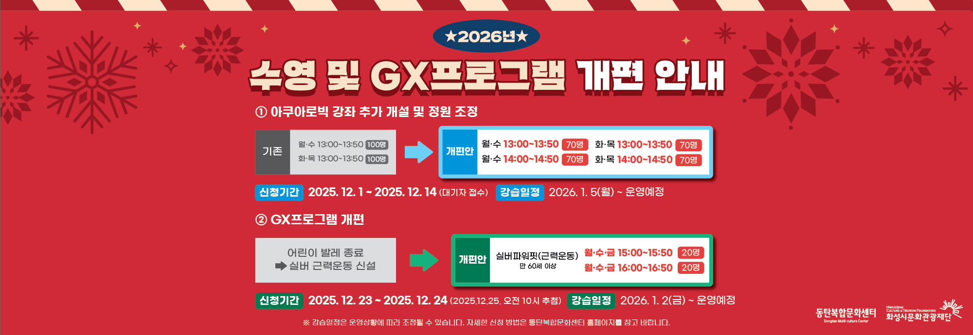 ★2026년★ 수영 및 GX프로그램 개편 안내  ① 아쿠아로빅 강좌 추가 개설 및 정원 조정 기존 월&middot;수 13:00~13:50 100명 화&middot;목 13:00~13:50 100명  개편안 월&middot;수 13:00~13:50 70명 화&middot;목 13:00~13:50 70명 월&middot;수 14:00~14:50 70명 화&middot;목 14:00~14:50 70명  신청기간 2025. 12. 1 ~ 2025. 12. 14 (대기자 접수) 강습일정 2026. 1. 5(월) ~ 운영예정  ② GX프로그램 개편 어린이 발레 종료 &rarr; 실버 근력운동 신설  개편안 실버파워핏(근력운동) 만 60세 이상 월&middot;수&middot;금 15:00~15:50 20명 월&middot;수&middot;금 16:00~16:50 20명  신청기간 2025. 12. 23 ~ 2025. 12. 24 (2025.12.25 오전 10시 추첨) 강습일정 2026. 1. 2(금) ~ 운영예정  ※ 강습일정은 운영상황에 따라 조정될 수 있습니다. 자세한 신청 방법은 동탄복합문화센터 홈페이지를 참고 바랍