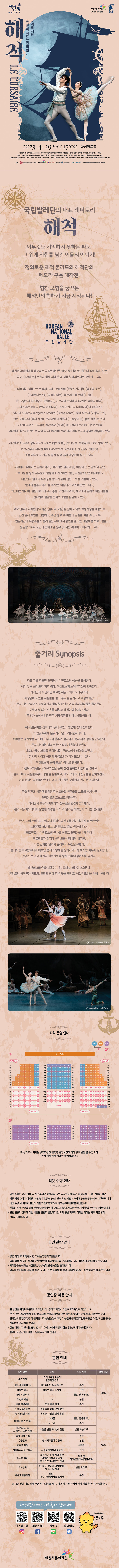 23004174-01


국립발레단
해설이 있는 전막발레
KOREAN
NATIONAL
BALLET
국립발레단
해
석
* LE CORSAIRE
화성시문화재단
2023 기획공연
2023. 4. 29 SAT 17:00 화성아트홀
매화성시문화재단 www.hctorkr 1588-5234/인터파크티켓 1544-1555 |연령 만 5세 이상 관람가 티켓 R석 3만원 5석 2만원 A석 1만원 |음악|아돌프 아담의 Adolphe Adam and others |원안무 마리우스 프티파 Marius Petipa |재안무 송정빈 Song Jungbin |각색 | 정다영 Dayoung Jeong
| 작·편곡 김인규 Kim Inkyu 의상 | 루이자 스피나젤리 Luka Spinatell | 조명 | 고희선 Ko Heesun 출연 국립발레단 Korean National Ballet | 단장 겸 예술감독 강수진 Kang Suellin
주최주관|후원
한국문화예술회관연합회문예진흥기금 2,116백만원
W
국립발레단의 대표 레퍼토리
해석
아무것도 기억하지 못하는 파도, 그 위에 자취를 남긴 이들의 이야기!
정의로운 해적 콘라드와 해적단의 메도라 구출 대작전!
힘찬 모험을 꿈꾸는
해적단의 항해가 지금 시작된다!
KOREAN
NATIONAL
BALLET
국립 발레 단
대한민국의 발레를 대표하는 국립발레단은 1962년에 창단된 최초의 직업발레단으로 국내 최고의 무용수들과 함께 세계 유명 작품을 레퍼토리로 보유하고 있다.
대표적인 작품으로는 유리 그리고로비치의 <호두까기인형>, <백조의 호수>, 〈스파르타쿠스〉, 〈라 바야데르〉, 파트리스 바르의 <지젤>,
존 크랭코의 <말괄량이 길들이기>, 마르시아 하이데의 <잠자는 숲속의 미녀>, 크리스티안 슈푹의 <안나 카레니나>, 조지 발란신의 <세레나데〉와 〈주얼스>, 이어리 킬리안의 〈Forgotten Land>와 <Sechs Tanze>, 우베 숄츠의 <교향곡 7번), 글렌 테틀리의 <봄의 제전>, 프레데릭 애쉬튼의 <고집쟁이 딸> 등을 꼽을 수 있다. 또한 마리우스 프티파의 원안무작 <해적>(2020년)과 <돈키호테>(2023년)를 국립발레단만의 버전으로 각색 및 재안무하며 전막 발레 레퍼토리의 영역을 확장하고 있다.
국립발레단 고유의 창작 레퍼토리로는 <왕자호동>, <허난설헌-수월경화>, <호이 랑>이 있고, 2015년부터 시작한 'KNB Movement Series'로 신진 안무가 발굴 및
소품 레퍼토리 개발을 통한 창작 발레 대중화에 힘쓰고 있다.
국내에서 '찾아가는 발레이야기', '찾아가는 발레교실', '해설이 있는 발레'와 같은
프로그램을 통해 지역문화 활성화에 기여하는 한편, 국립발레단은 해외에서도 대한민국 발레의 우수성을 알리기 위해 많은 노력을 기울이고 있다.
발레의 종주국이라 할 수 있는 이탈리아, 러시아뿐만 아니라, 최근에는 벨기에, 콜롬비아, 캐나다, 홍콩, 아랍에미리트, 체코에서 발레의 아름다움을 전파하며 활발한 문화외교활동을 펼치고 있다.
2021년부터 시작된 공익사업 <꿈나무 교실>을 통해 지역의 초등학생을 대상으로
연간 발레 수업을 진행하고, 수업 종료 후 배움의 결실을 맺을 수 있도록
국립발레단의 무용수들과 함께 같은 무대에서 공연을 올리는 예술체험 프로그램을 운영함으로써 국민의 문화예술 향유 및 저변 확대에 이바지하고 있다.
줄거리 Synopsis
CKorean National Ballet
파도 위를 떠돌던 해적단은 마젠토스의 상선을 포착한다.
해적 두목 콘라드의 지휘 아래, 마젠토스의 노예무역선이 항복한다.
해적단의 이인자인 비르반토는 어차피 노예무역의
희생양이 되었을 사람들을 팔아 수익을 남기자고 주장하지만,
콘라드는 오히려 노예무역선의 함장을 처단하고 나머지 사람들을 풀어준다.
이로써 알리는 자유를 되찾고 해적단의 형제가 된다.
무리가 늘어난 해적단은 기세등등하게 다시 돛을 펼친다.
해적단은 배를 정비하기 위해 우연히 발견한 섬에 정박한다.
그곳은 수확제 분위기가 달아오른 플로리아나.
해적들은 섬사람들 사이에 어우러져 춤추며 잠시나마 육지 위의 행복을 만끽한다.
콘라드는 메도라라는 한 소녀에게 한눈에 반한다.
메도라 역시 파도를 호령한다는 콘라드에게 매력을 느낀다.
두 사람 사이에 애정의 꽃봉오리가 피어오르려는 찰나,
마젠토스의 왕이 플로리아나 행차한다.
마젠토스의 왕은 노예무역선을 잃어 생긴 손해를 메꾼다는 핑계로
플로리아나 사람들로부터 공물을 탈취하고, 메도라와 그의 친구들을 납치해간다.
이에 콘라드의 해적단은 메도라와 친구들을 구출하러 가기로 결의한다.
구출 작전에 성공한 해적단은 메도라와 친구들을 그들의 본거지인
해적섬 드라코노보로 데려온다.
해적섬의 모두가 메도라와 친구들을 반갑게 맞이한다.
콘라드는 메도라에게 달콤한 사랑을 표하고, 알리는 해적단에 의리를 맹세한다.
한편, 부에 눈이 멀고, 알리와 콘라드의 우애를 시기하게 된 비르반토는
해적단을 배반하고 마젠토스의 왕과 한편이 된다.
비르반토는 마젠토스의 군사를 이끌고 해적섬을 침투한다.
비르반토가 잠입해 콘라드를 살해하려 하지만,
이를 간파한 알리가 콘라드의 목숨을 구한다.
콘라드는 비르반토에게 해적단 형제의 맹세를 상기시키고자 하지만 회유에 실패한다.
콘라드는 결국 배신자 비르반토를 향해 최후의 방아쇠를 당긴다.
배반의 쓰라림을 다독이는 양, 또다시 태양이 떠오른다.
콘라드의 해적단은 메도라, 알리와 함께 검은 돛을 펼치고 새로운 모험을 향해 나아간다.
1F
[GATE 5
1일
7일
？좌석 운영 안내
STAGE
@Korean National Ballet
OKorean National Ballet
22 23
22 23 24
R석 S석
[A석
1F
2F
GATE 6
1일
2일
10 1 2 3 4 5
9 10 11
11 1 2 3 4 5 6 7 8 9 10 11
3 4 5 6 7 8 9 10 11
3 4 5 6 7 8 9 10 11
1 2 3 4 5 6 7 8 9 10 11
12 1 2
13일
1
4일
15% 1 2 3 4 5 6 7 8 9 10 11
16 1 2 3 5 6 7 8 9
17 1 2 3 4 5 6
45
11
9 12 13 14 15
10 12 13 14 15 16 17 18 19 20 21
22 23 24
10
11 12 13 14 15 16 17 18 19 20 21 119
12 12 13 14 15 16 17 18 19 20 21 12일
139 12 13 14 15 16 17 18 19 20 21 13
149 12 13 14 15 16 17 18 19 20 21 149
159 12 13 14 15 16 17 18 19 20 21 15
9일
22 23 24 25 26 27 28 29 30 31 32 10
22 23 24 25 26 27 28 29 30 31 32 119
22 23 24 25 26 27 28 29 30 31 32 129
22 23 24 25 26 27 28 29 30 31 32 13일
22 23 24 25 26 27 28 29 30 31 32 149
22 23 24 25 26 27 28 29 30 31 32
22 23 24
159
16일
17일
2F
2 3 4 5 6
GATE 1
GATE 3
GATE 2
2 13 14 15 16 17 18 19 20 2
12 13 14 15 16 17 18 19 20 2
13 14 15 16 17 18 19 20 21
22 23 24 25 26 27
29 30 31 32
0 31 32
22 23 24 25 26 27 22 23 24 25 26 27 28 29 30 31 3
22 23 24 25 26 27 28 29 30 31 32
22 23 24 25 26 27 28 29
22 23 24 25 26 27
GATE 4
※ 상기 좌석배치는 방역지침 및 공연장 운영사정에 따라 향후 변경 될 수 있으며,
변경 시 예매자 개별 연락 예정입니다.
티켓 수령 안내
- 티켓 수령은 공연 시작 1시간 전부터 가능합니다. 공연 시작 시간이 다가올 경우에는 많은 사람이 몰려
빠른티켓 수령이 어려울수 있습니다. 공연 30분전 여유있게 도착하시어, 편안한 관람이 되시길 바랍니다.
- 티켓 수령 시 예매자 본인의 성함과 전화번호 뒷자리 또는 예매번호를 확인합니다.
원
티켓 수령을 위해 신분증, 예매 내역서, SMS(예매번호가 포함된 메시지)등을 준비하시기 바랍니다. 활한
- 할인 권종의 선택에 대한 책임은 관람자 본인에게 있으며, 증빙 자료의 미지참시에는 차액 지불 후에 관람이 가능합니다.
공연관람 안내
- 공연 시작 후, 지정된 시간 외에는 입장에 제한됩니다.
-입장 허용 시, 다른 관객의 관람에 방해가 되지 않도록 구매좌석이 아닌 좌석으로 안내될 수 있습니다.
-저작권을 침해하는 사진촬영, 영상녹화, 음원녹취는 불가합니다.
-음식물, 애완동물, 꽃다발, 풍선, 응원도구, 위험물질(병, 폭죽, 레이저 등) 등은 반입이 제한될 수 있습니다.
공연장 이용안내
- 본 공연은 화성아트홀에서 개최됩니다. (경기
화성시 태안로 145 유앤아이센터 내) 도
- 본 공연은 만5세 이상 관람 등급으로 관람의 제한을 받는 경우, 티켓의 유무 및 보호자 동반 여부와
관계없이 공연장 입장이 불가합니다. 생년월일이 확인 가능한 증빙서류(주민등록등본, 여권, 학생증 등)를
지참하여 주시길 바랍니다.
- 취소 마감시간인 4월28일 17시 이후에는 예매 티켓의 취소, 환불, 변경이 불가합니다.
-
전화예매를 이용해 주시기 바랍니다. 휠체어석은
할인 안내
감면 항목
내용
적용 대상
감면 비율
티켓 오픈일로부터
조기예매
일
감 정기간
면
청소년(문화패스)
만 13세~만24세 청소년
본인
예
술인패스
예술인패스 소지자
본인
30%
13세 미만 아동
본인 및 동반 1인
차상위 계층
본인
관내 협력업
본인
체
단체 20인 이상
단체 50인 이상
장애인 및 동반 1인
협력 체결 기관
동일 회차 관람 단체 할인
동일 회차 관람 단체 할인
1~3급
본인 및 동반 1인
4~6급
본인
국가유공자 및
수권을 받은 자 1인에 한함
본인 또는 가족
그 배우자 또는 가족
65세 이
경로 상
본인
수급권자
생계의료급여 수급자
본인
한부모 가정
세대원
50%
사회복지시설 수용자
다자녀 할인
사회복지시설의 수용자
화성시 거주 세 자녀 이상
다자녀 가정의 부모 및
19세미만) 자녀 성년(만
미성년(만 19세미만) 자녀
본인
부모 및
미
의사상자 본인과 의사상자의
의사상자
본인 및 가족
배우자 및 자녀
화성시
우수자원봉사자
본인
우수자원봉사자증 소지자
※공연 관람 당일 티켓 수령 시 증빙자료 제시, 미 제시 시 현장에서 차액 지불 후 관람 가능합니다.
화성시문화재단 아트홀과 친해지기
화성시 캐릭터
코리요
인스타그램 페이스북
블로그 홈페이지
O
blog
화성시문화재단


