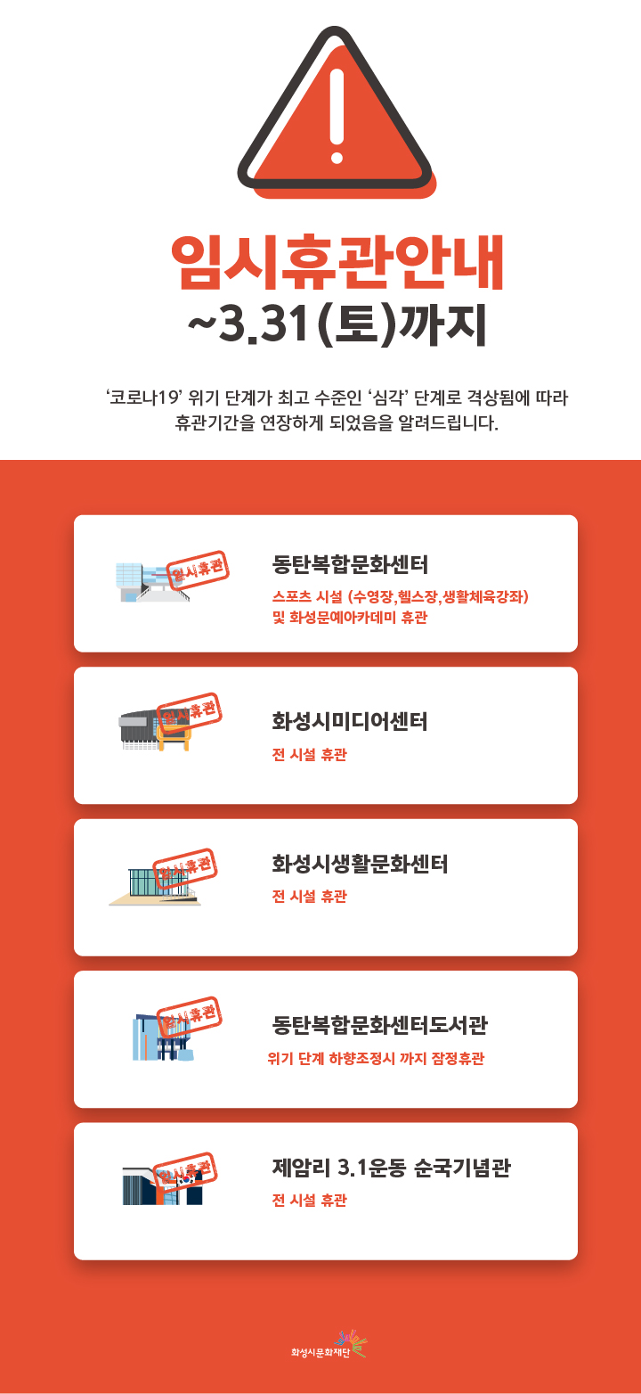 임시휴관안내 ~3.31(토) 까지/ 코로나19 위기 단계가 최고 수준인 심각 단계로 격상됨에 따라 휴관기간을 연장하게 되었음을 알려드립니다./
동탄복합문화센터-스포츠시설(수영장, 헬스장, 생활체육강좌) 및 화성문예아카데미 휴관, 화성시미디어센터-전 시설휴관, 화성시생활문화센터-전 시설휴관, 동탄복합문화센터도서관-위기단계 하향조정시까지 잠정 휴관, 제암리3.1운동순국기념관-전시설휴관
